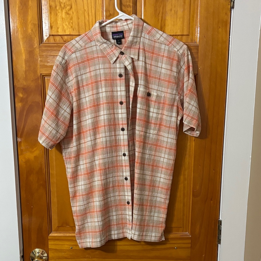 Patagonia Orange and Cream Plaid Button Down Shirt